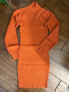 Women’s Ribbed Long Sleeve Turtleneck Sweater Dress - Orange